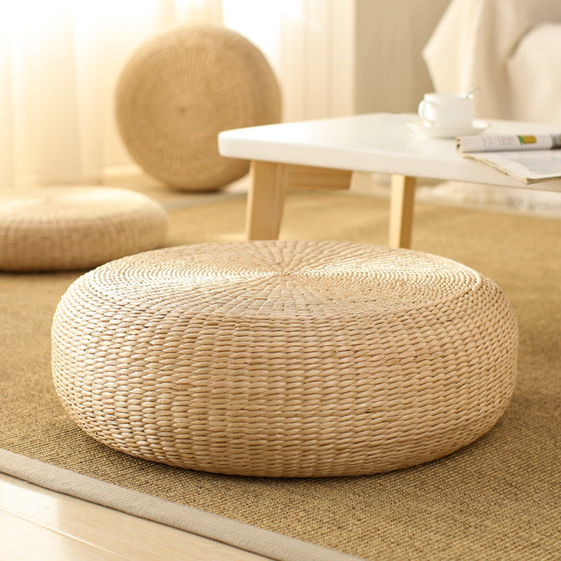 Handmade Natural Straw Meditation Cushion - Japanese Tatami Floor Pouf, High-Resilience EPE Core Floor Pillow for Zen Sitting, Yoga & Bay Window