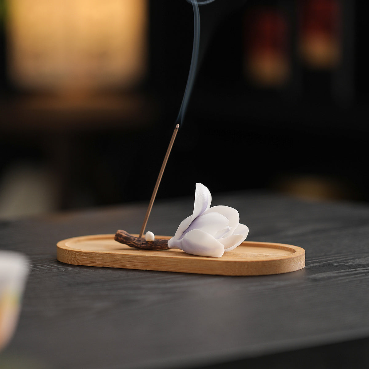 Moment Ritual Hand-Fired Ceramic Magnolia Flower Incense Holder with Bamboo Tray - Zen Stick Incense Burner & Ash Catcher for Home Decor