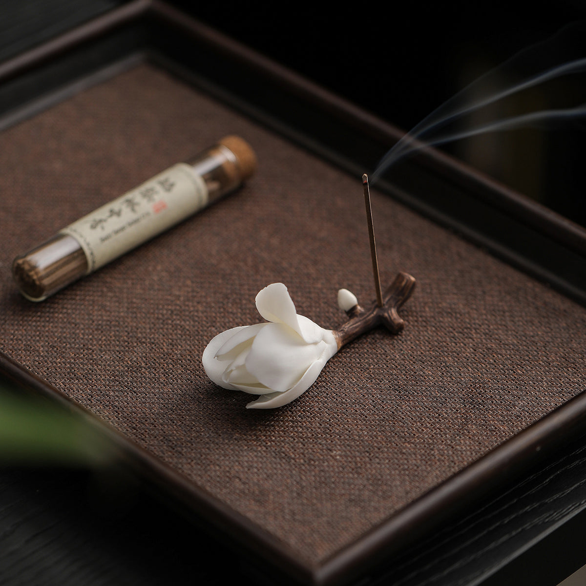 Moment Ritual Hand-Fired Ceramic Magnolia Flower Incense Holder with Bamboo Tray - Zen Stick Incense Burner & Ash Catcher for Home Decor