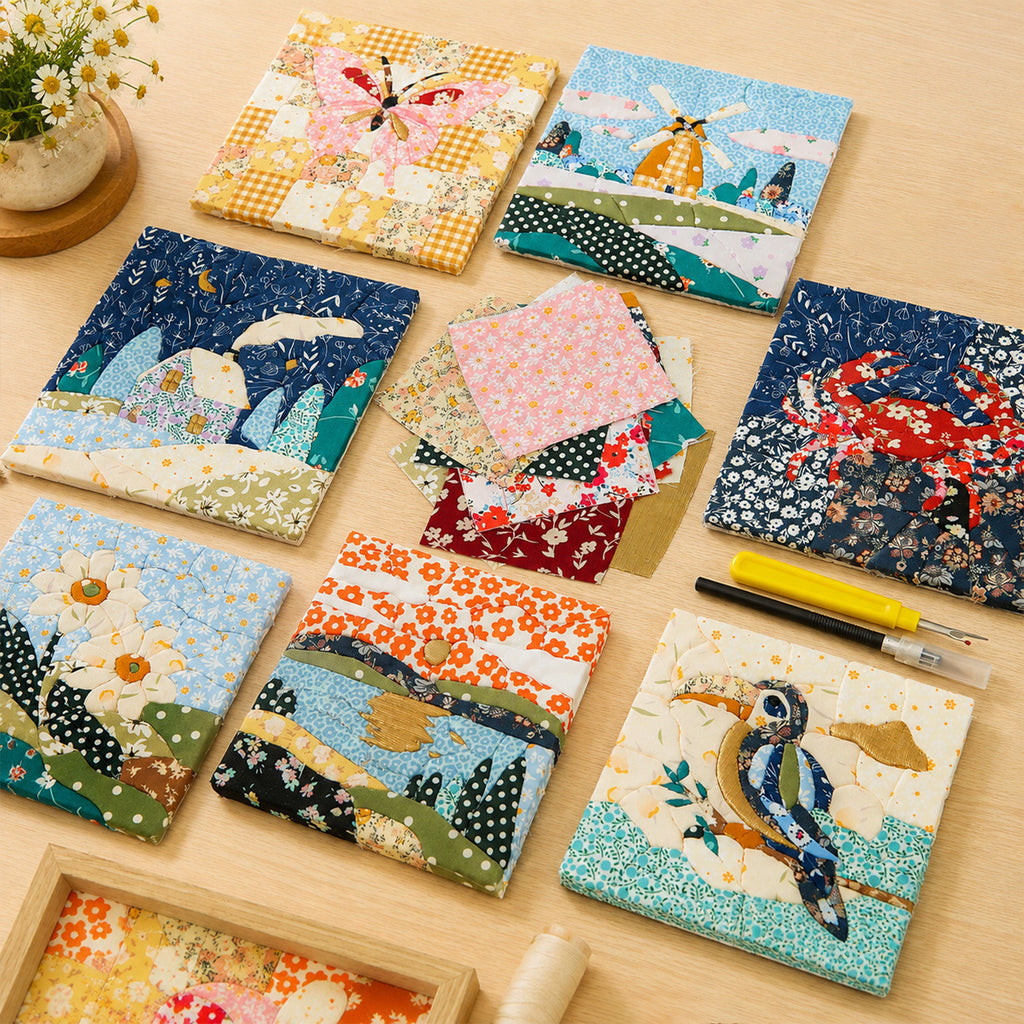 Kinusaiga Fabric Art Kit – DIY No-Sew Fabric Collage Painting Set, Beginner Craft Kit for Adults, Teens & Kids, 15×15 cm (4-Piece Set)