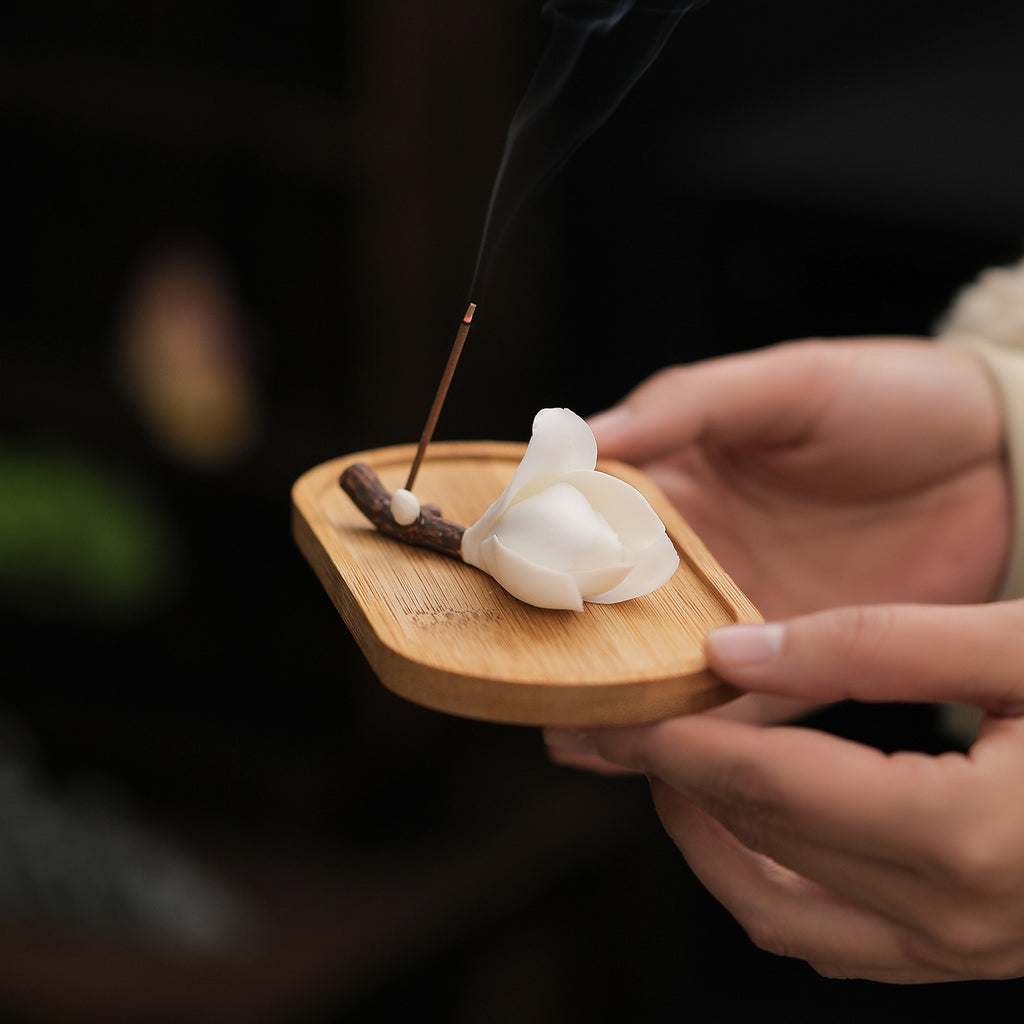 Moment Ritual Hand-Fired Ceramic Magnolia Flower Incense Holder with Bamboo Tray - Zen Stick Incense Burner & Ash Catcher for Home Decor