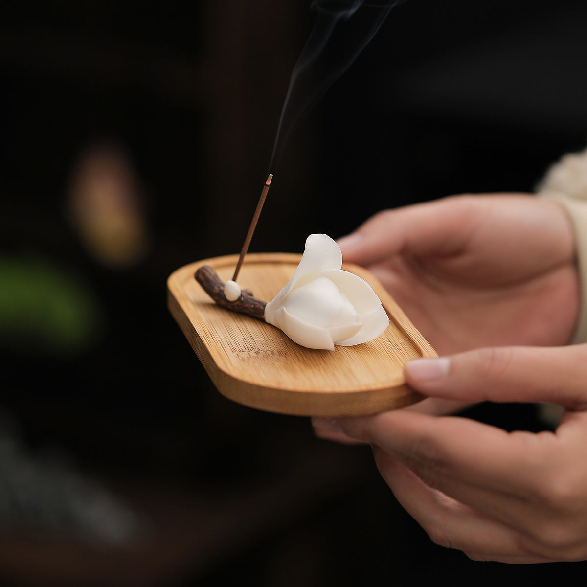 Moment Ritual Hand-Fired Ceramic Magnolia Flower Incense Holder with Bamboo Tray - Zen Stick Incense Burner & Ash Catcher for Home Decor