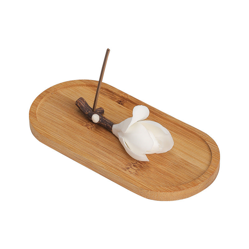 Moment Ritual Hand-Fired Ceramic Magnolia Flower Incense Holder with Bamboo Tray - Zen Stick Incense Burner & Ash Catcher for Home Decor